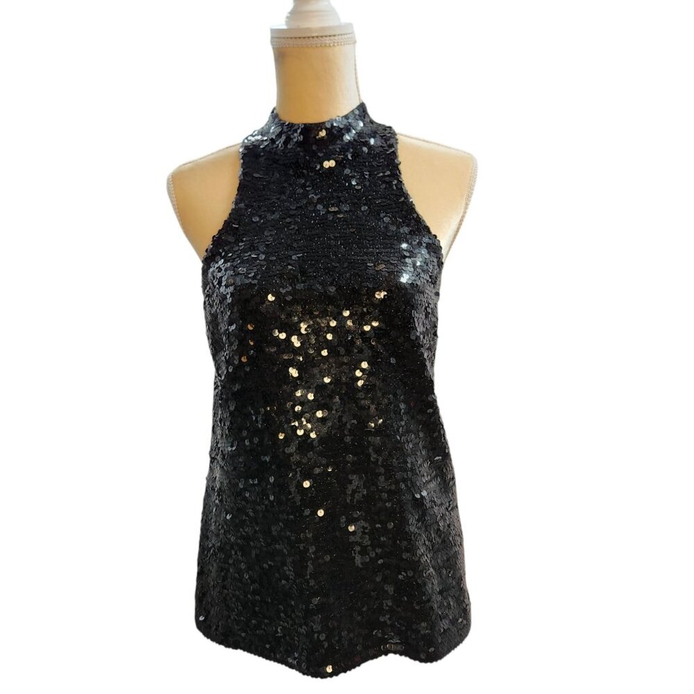 ​White + Warren Black Sequin High Neck Stretch Silk Knit Tank Top Size Large